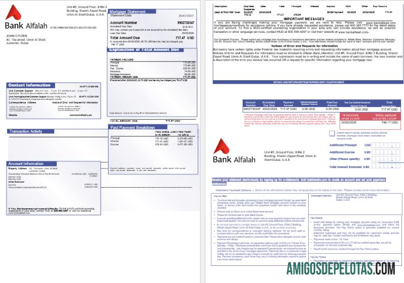 Declaração de hipoteca do Banco Alfalah dos Emirados Árabes Unidos Abu Dhabi em formatos Word e PDF, 3 páginas 1 2 amostra